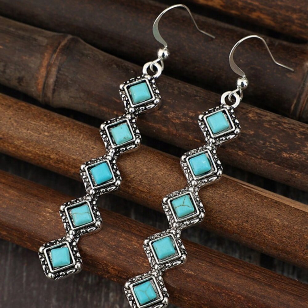 Silver toned Western Cowboy Women's Inlaid blue faux Turquoise Bead bar earrings